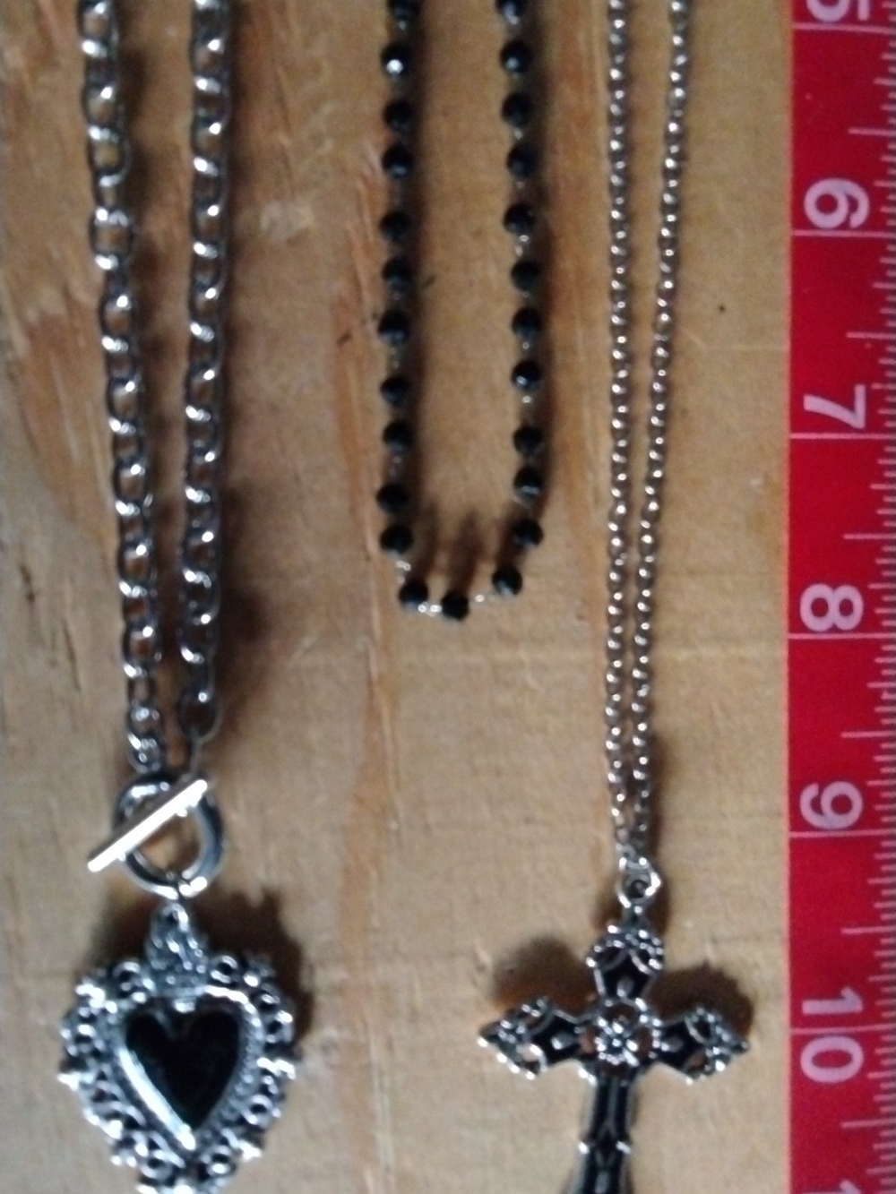 Silver Heart and Cross Pendant Necklace Set with Black Beads
